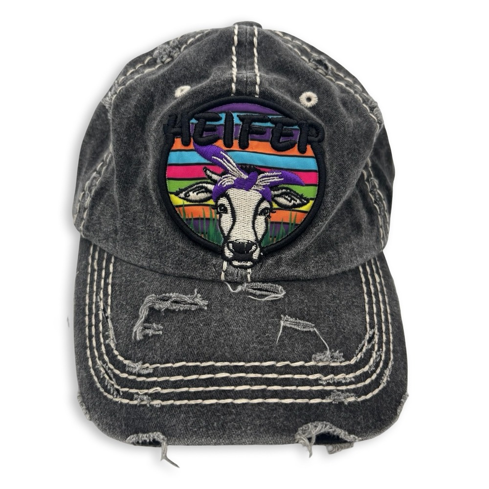4350 District Womens Heifer Baseball Hat Gray Distressed Cow Embroidered Dad Cap